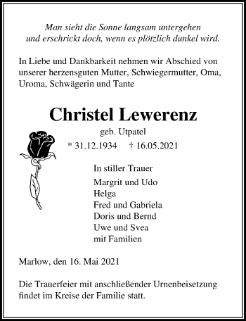 Traueranzeige von Christel Lewerenz von Ostsee-Zeitung GmbH