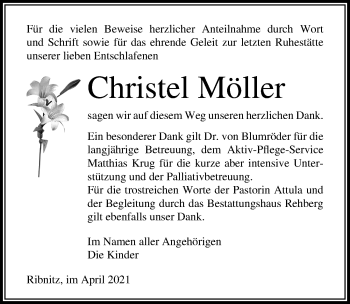 Traueranzeige von Christel Möller von Ostsee-Zeitung GmbH