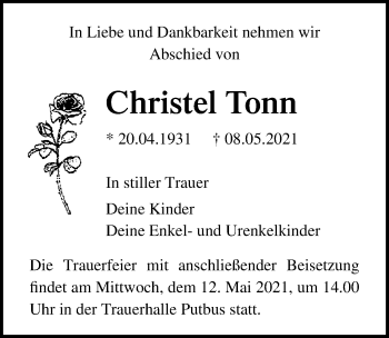 Traueranzeige von Christel Tonn von Ostsee-Zeitung GmbH