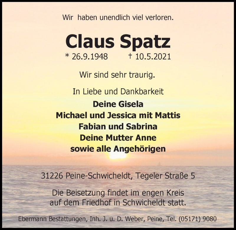  Traueranzeige für Claus Spatz vom 15.05.2021 aus Peiner Allgemeine Zeitung