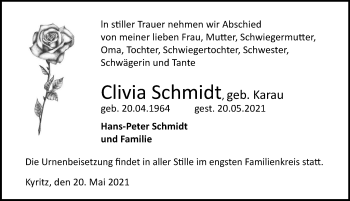 Traueranzeige von Clivia Schmidt von Märkischen Allgemeine Zeitung