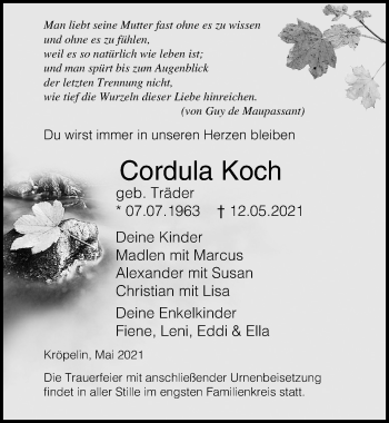 Traueranzeige von Cordula Koch von Ostsee-Zeitung GmbH