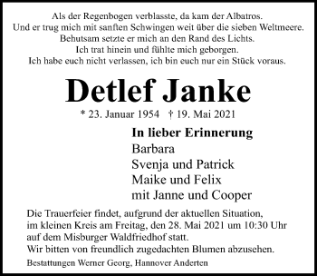 Traueranzeige von Detlef Janke von Hannoversche Allgemeine Zeitung/Neue Presse