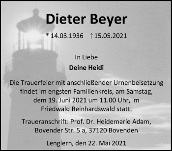 Traueranzeige von Dieter Beyer von Göttinger Tageblatt