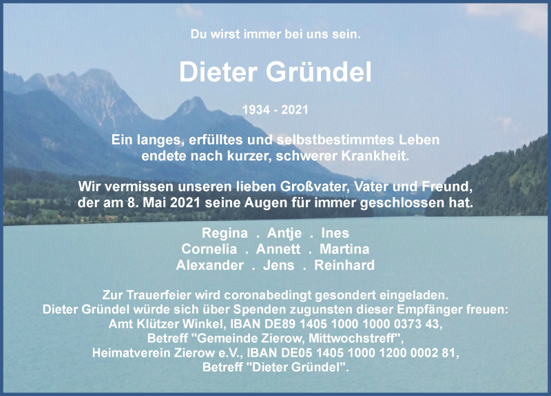  Traueranzeige für Dieter Gründel vom 22.05.2021 aus Ostsee-Zeitung GmbH