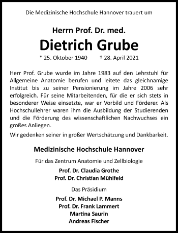 Traueranzeige von Dietrich Grube von Hannoversche Allgemeine Zeitung/Neue Presse