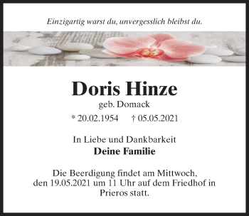 Traueranzeige von Doris Hinze von Märkischen Allgemeine Zeitung