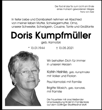 Traueranzeige von Doris Kumpfmüller von Göttinger Tageblatt