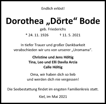 Traueranzeige von Dorothea Bode von Kieler Nachrichten