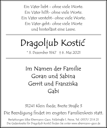 Traueranzeige von Dragoljub Kostic von Peiner Allgemeine Zeitung