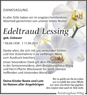Traueranzeige von Edeltraud Lessing von Leipziger Volkszeitung