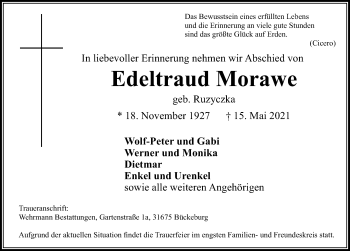 Traueranzeige von Edeltraud Morawe von Schaumburger Nachrichten