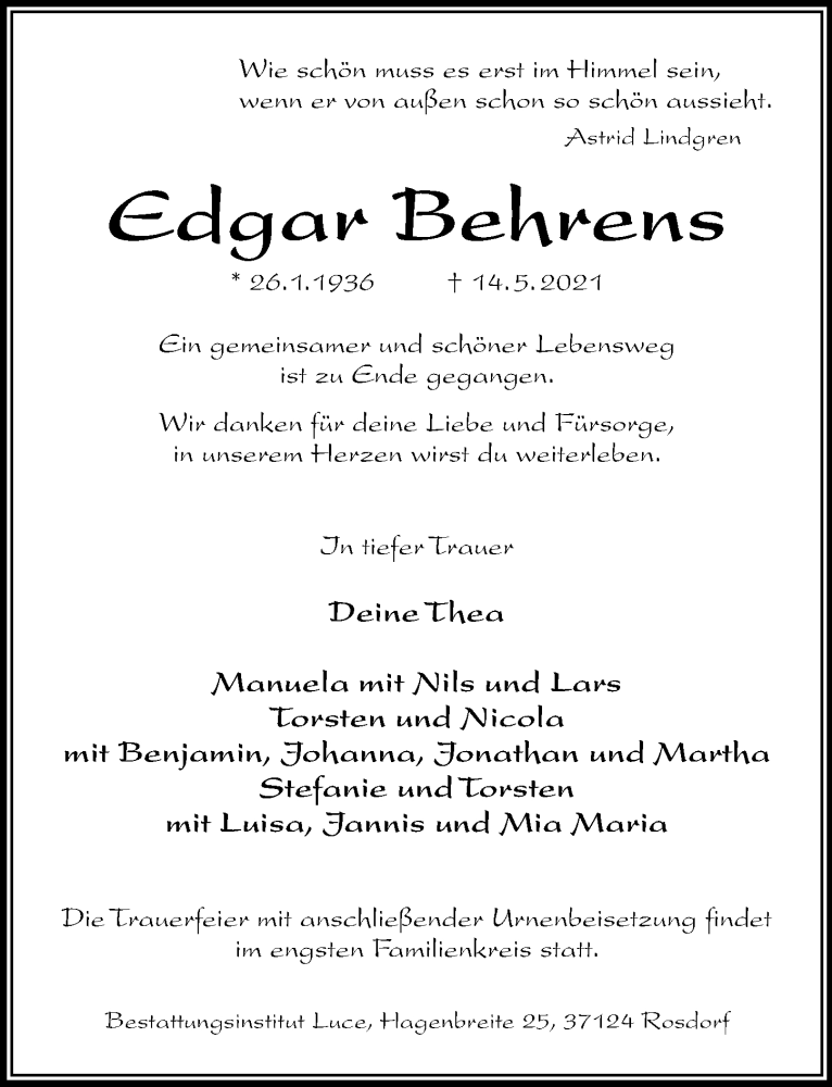  Traueranzeige für Edgar Behrens vom 22.05.2021 aus Göttinger Tageblatt