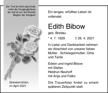 Traueranzeige von Edith Bibow von Ostsee-Zeitung GmbH