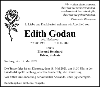 Traueranzeige von Edith Godau von Eichsfelder Tageblatt