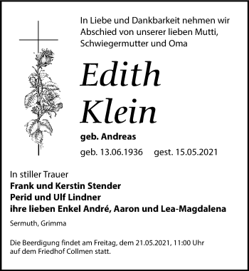 Traueranzeige von Edith Klein von Leipziger Volkszeitung