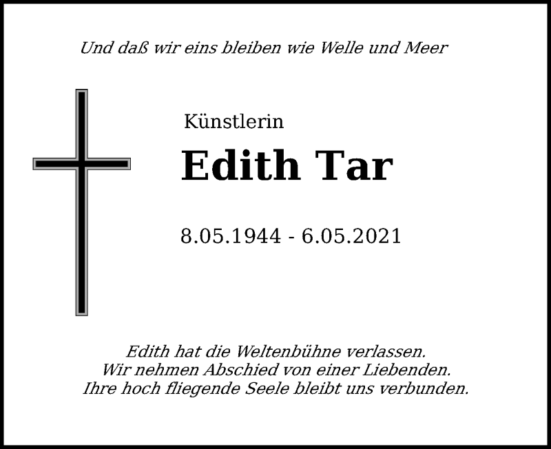  Traueranzeige für Edith Tar vom 15.05.2021 aus Leipziger Volkszeitung