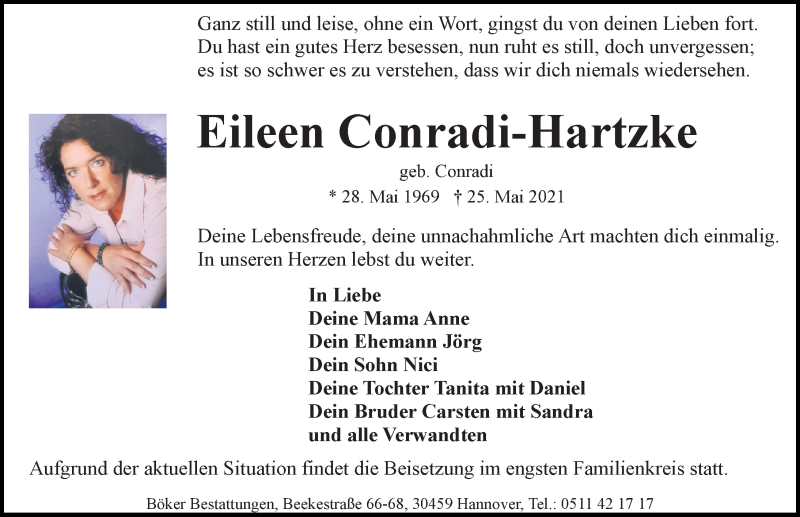  Traueranzeige für Eileen Conradi-Hartzke vom 29.05.2021 aus Hannoversche Allgemeine Zeitung/Neue Presse