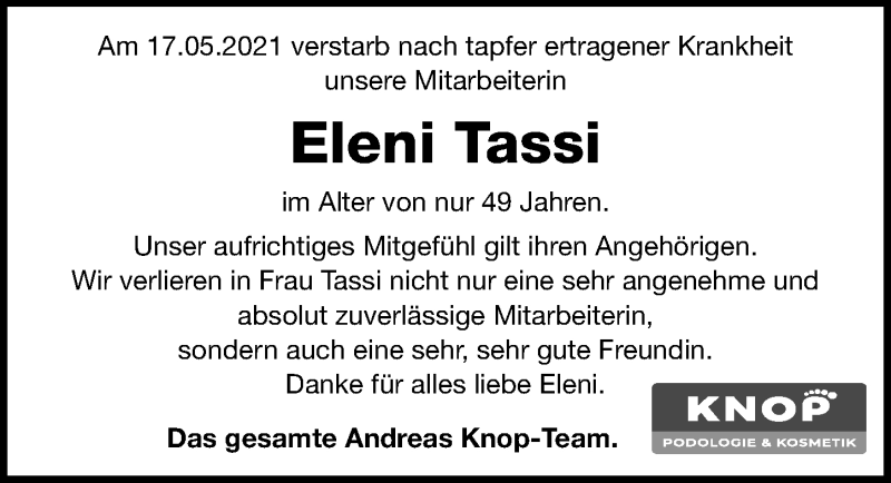  Traueranzeige für Eleni Tassi vom 22.05.2021 aus Hannoversche Allgemeine Zeitung/Neue Presse