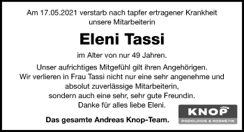 Traueranzeige von Eleni Tassi von Hannoversche Allgemeine Zeitung/Neue Presse