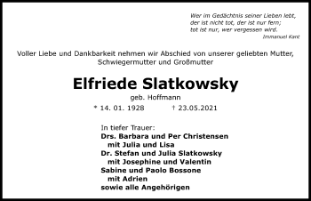 Traueranzeige von Elfriede Slatkowsky von Hannoversche Allgemeine Zeitung/Neue Presse