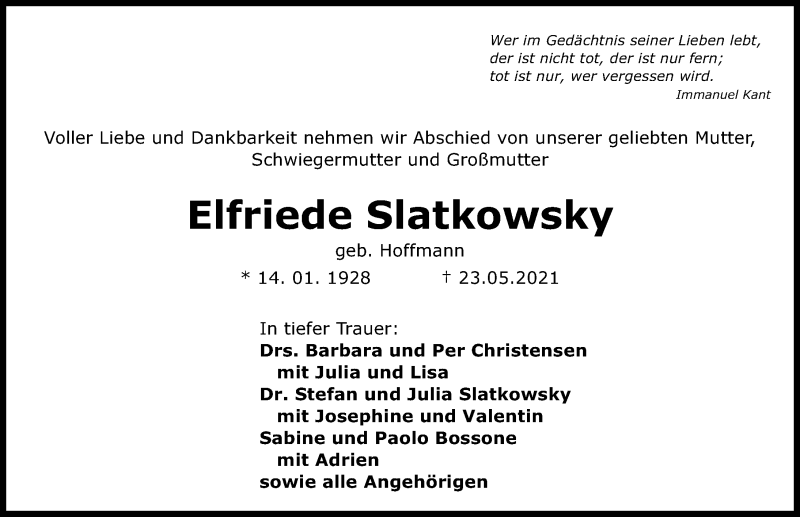  Traueranzeige für Elfriede Slatkowsky vom 29.05.2021 aus Hannoversche Allgemeine Zeitung/Neue Presse