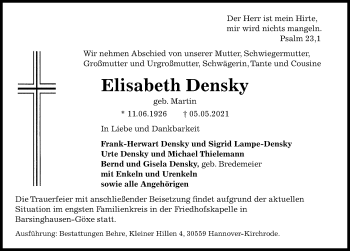 Traueranzeige von Elisabeth Densky von Hannoversche Allgemeine Zeitung/Neue Presse