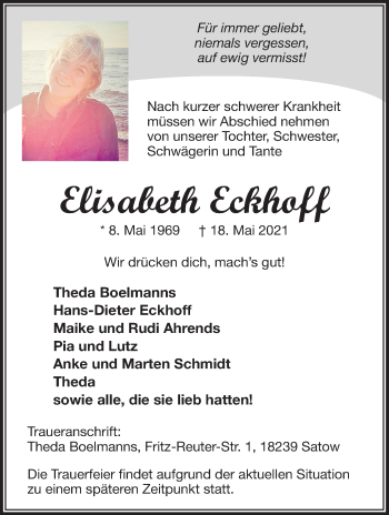 Traueranzeige von Elisabeth Eckhoff von Ostsee-Zeitung GmbH