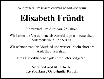 Traueranzeige von Elisabeth Fründt von Märkischen Allgemeine Zeitung