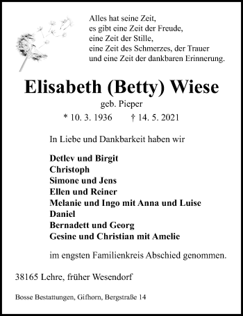 Traueranzeige von Elisabeth Wiese von Aller Zeitung