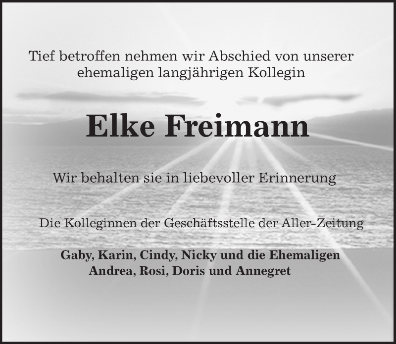  Traueranzeige für Elke Freimann vom 22.05.2021 aus Aller Zeitung