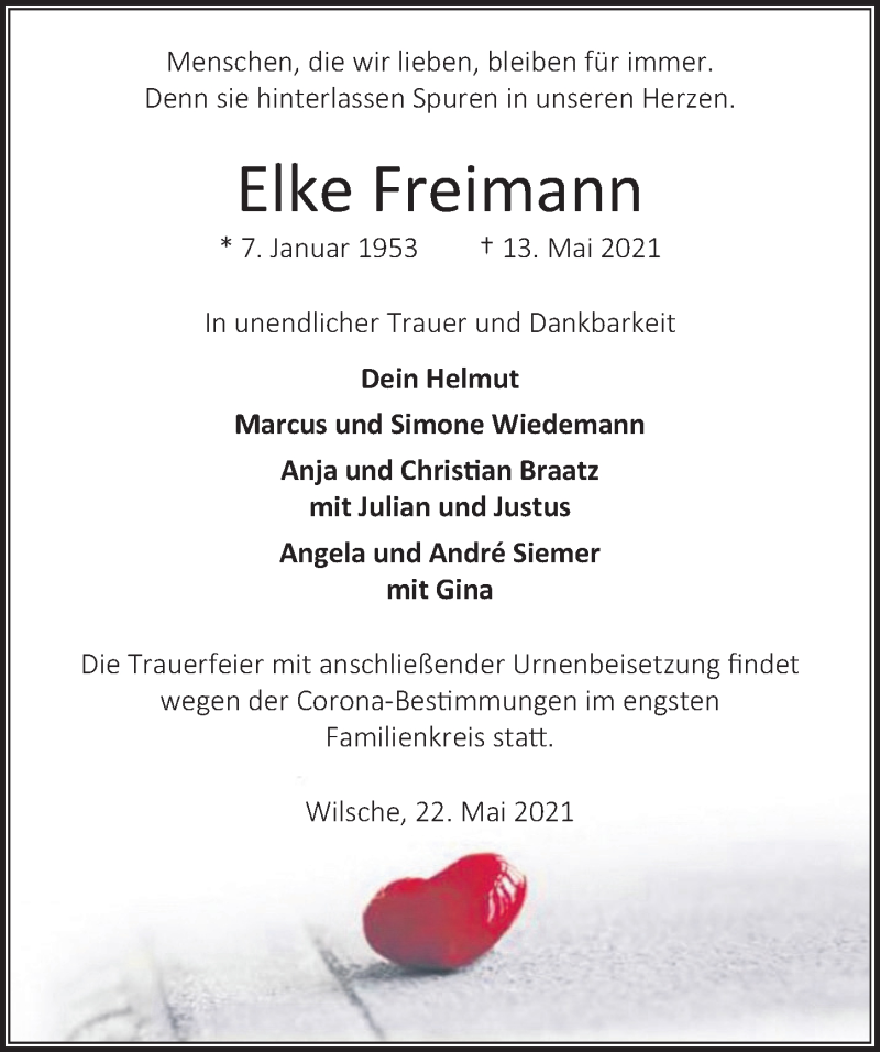  Traueranzeige für Elke Freimann vom 22.05.2021 aus Aller Zeitung