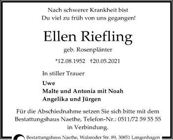 Traueranzeige von Ellen Riefling von Göttinger Tageblatt