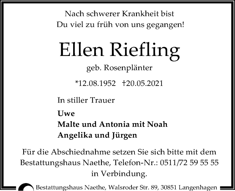  Traueranzeige für Ellen Riefling vom 29.05.2021 aus Göttinger Tageblatt