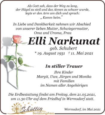 Traueranzeige von Elli Narkunat von Leipziger Volkszeitung