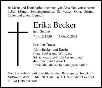 Traueranzeige von Erika Becker von Ostsee-Zeitung GmbH