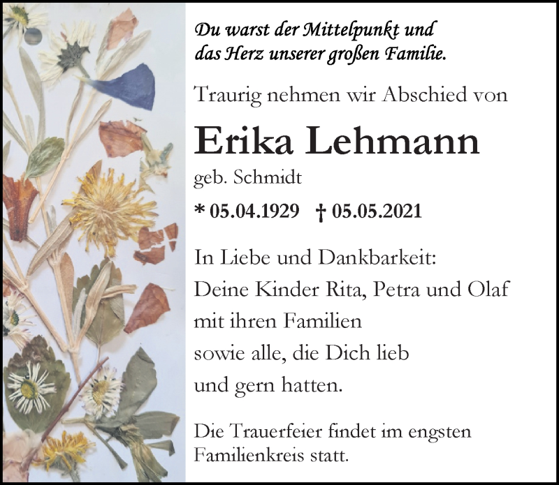  Traueranzeige für Erika Lehmann vom 15.05.2021 aus Ostsee-Zeitung GmbH