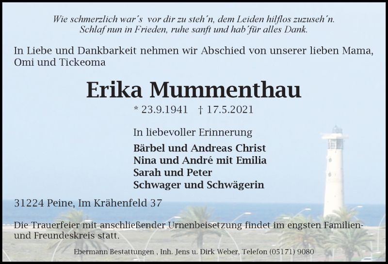  Traueranzeige für Erika Mummenthau vom 22.05.2021 aus Peiner Allgemeine Zeitung