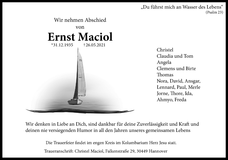  Traueranzeige für Ernst Maciol vom 29.05.2021 aus Hannoversche Allgemeine Zeitung/Neue Presse