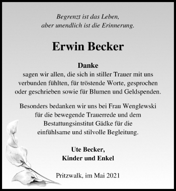 Traueranzeige von Erwin Becker von Märkischen Allgemeine Zeitung