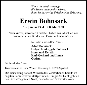Traueranzeige von Erwin Bohnsack von Lübecker Nachrichten