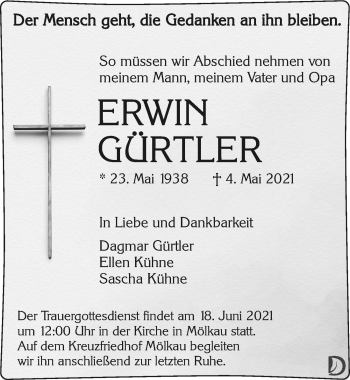 Traueranzeige von Erwin Gürtler von Leipziger Volkszeitung