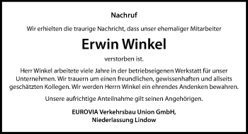 Traueranzeige von Erwin Winkel von Märkischen Allgemeine Zeitung