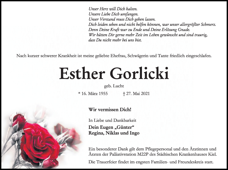  Traueranzeige für Esther Gorlicki vom 29.05.2021 aus Kieler Nachrichten