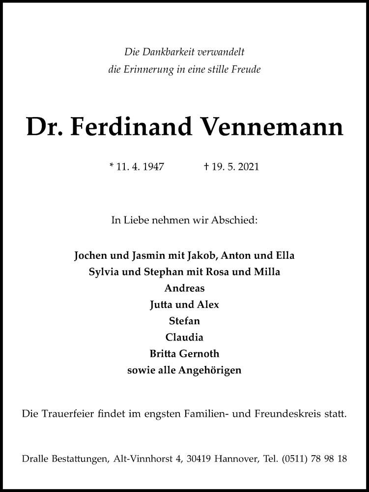  Traueranzeige für Ferdinand Vennemann vom 29.05.2021 aus Hannoversche Allgemeine Zeitung/Neue Presse