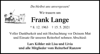 Traueranzeige von Frank Lange von Ostsee-Zeitung GmbH