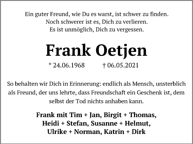 Traueranzeige für Frank Oetjen vom 15.05.2021 aus Hannoversche Allgemeine Zeitung/Neue Presse