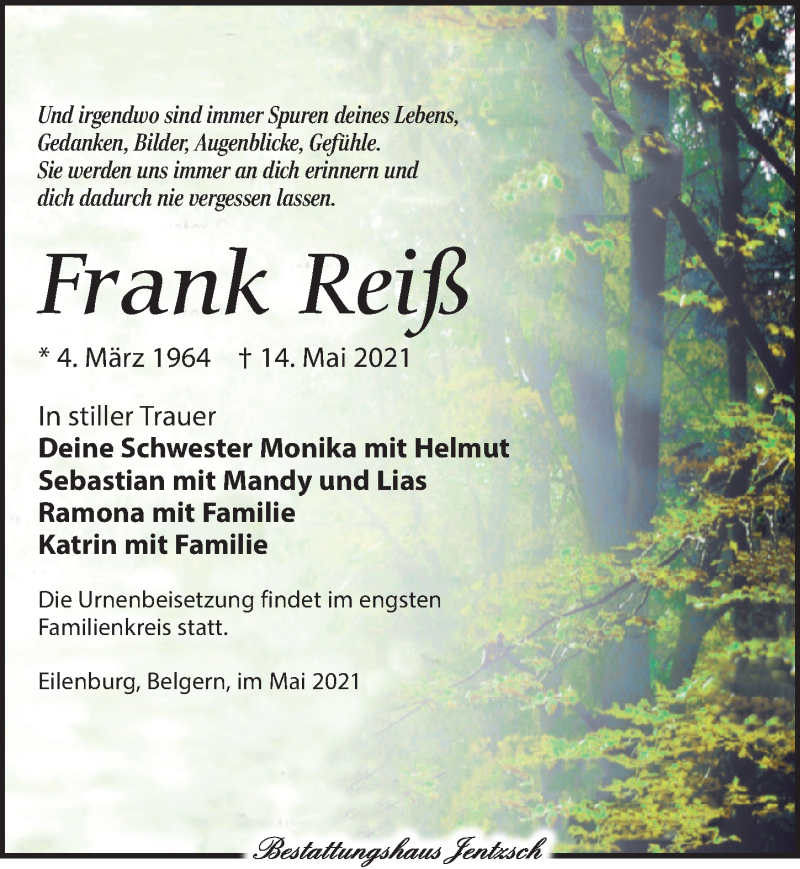  Traueranzeige für Frank Reiß vom 22.05.2021 aus Leipziger Volkszeitung
