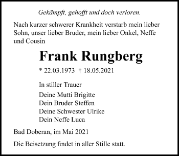 Traueranzeige von Frank Rungberg von Ostsee-Zeitung GmbH