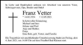 Traueranzeige von Franz Vetter von Ostsee-Zeitung GmbH
